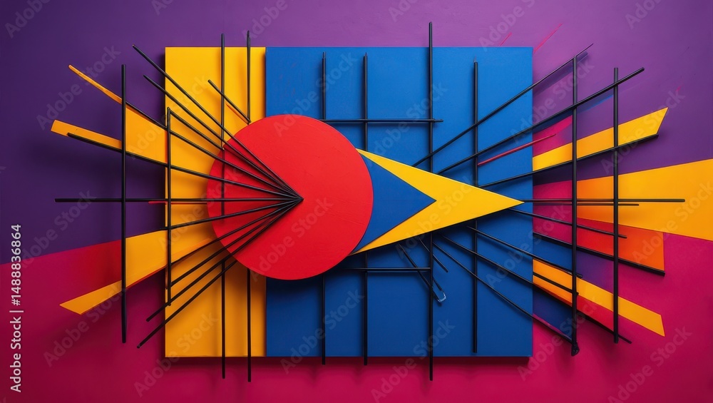 Poster abstract geometric composition with colorful shapes and black lines on a multicolored background