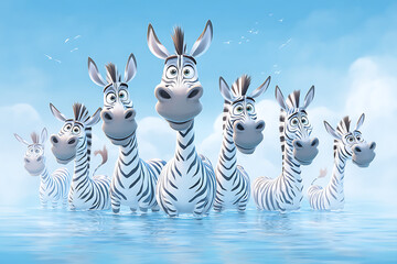 a heard of goofy looking zebras standing in pool, cartoon