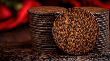 A stack of wooden coasters with a central empty coaster.
