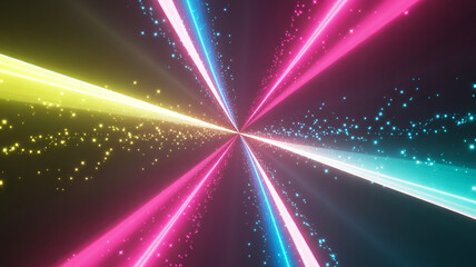 Vibrant beams of light create a mesmerizing effect in a digital space during a futuristic event