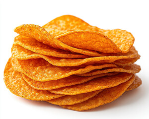 High-quality image of stacked Doritos chips isolated on white background showcasing texture and vibrant color