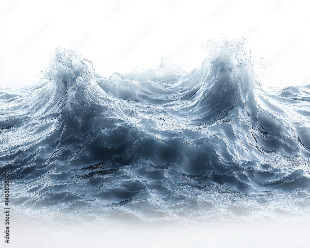 Poster depiction of ocean waves in motion captured against pure white background showcasing dynamic flow an