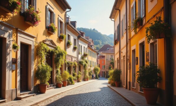 Fototapeta Charming Italian street lined with colorful buildings and vibrant flower pots.