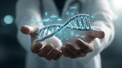 hands holding a double-helix DNA structure, with a doctor in a white coat and holographic medical data