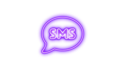 Glowing neon sign shaped like a speech bubble with the letters SMS inside, symbolizing text messaging or communication