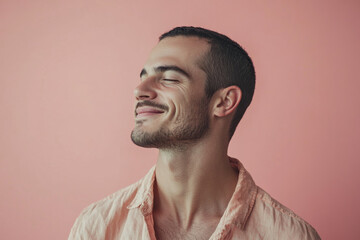 A close up of a man's face with her eyes closed