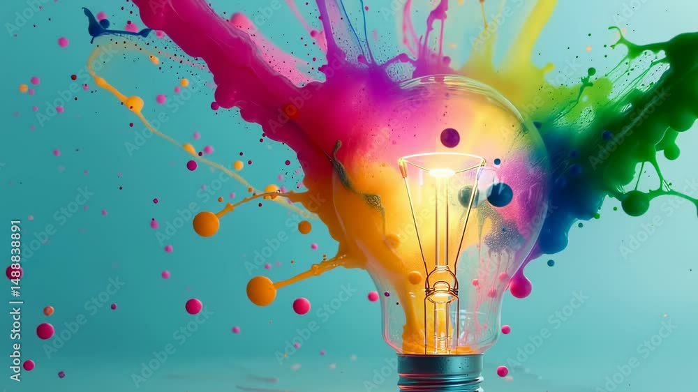 Poster creative lightbulb exploding with vibrant colors on a blue background