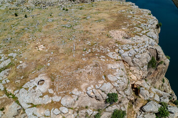 Aerial View of Ancient Settlement Remains along the Euphrates River with Surrounding Canyons – Hidden Archaeological Site in Southeastern Turkey