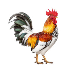 Fototapeta premium A colorful rooster stands tall against a plain white isolated background.