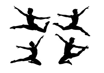 A set of gymnastic poses silhouettes, a black silhouette of a woman gymnastics, Gymnast girl, isolated black vector silhouettes