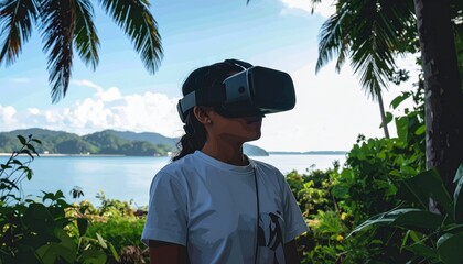 Young woman wearing virtual reality headset in tropical environment with ocean view and lush greenery in the background