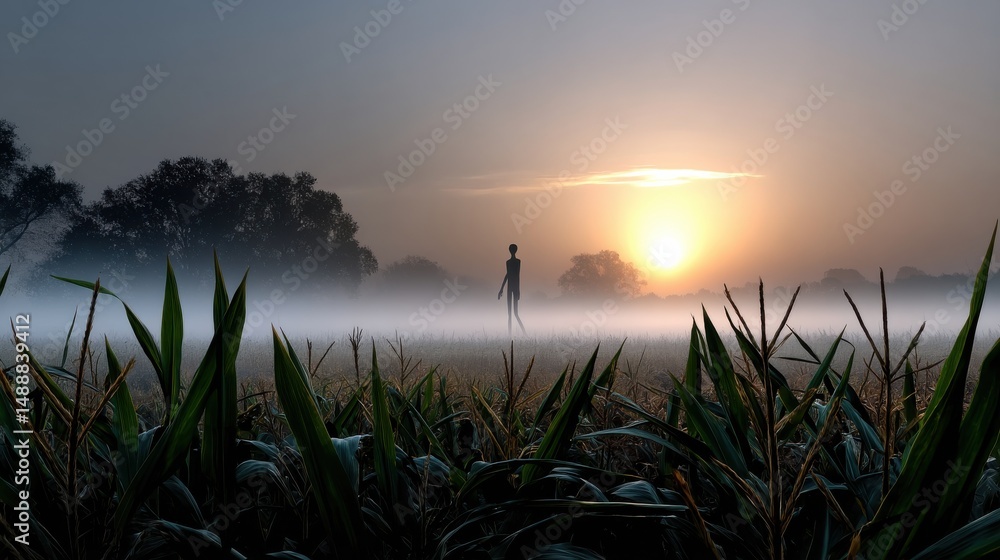 Poster a person is standing in a field of tall grass with a foggy sky in the background