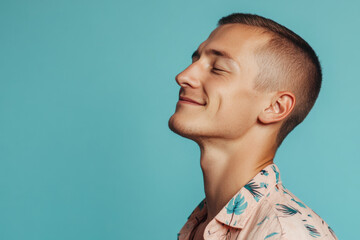 A close up of a man's face with her eyes closed