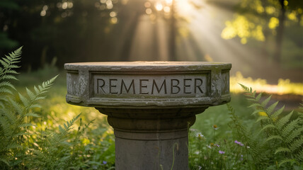Memorial stone with the word remember illuminated by soft sunlight in a serene forest setting