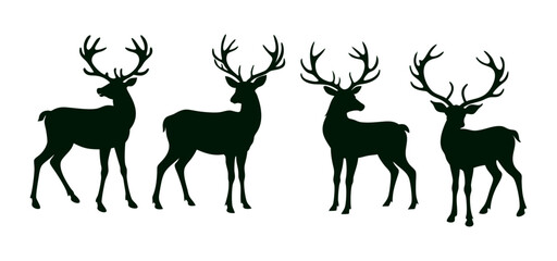 Black deer silhouette cutout. A set of elk animal silhouettes on a  white background