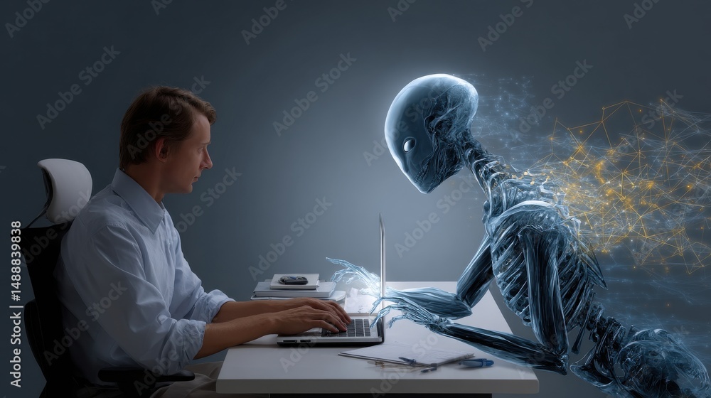 Poster A man is sitting at a desk with a skeleton on the screen in front of him