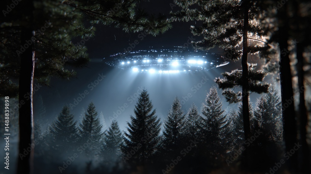 Aufkleber a large, bright, and glowing object is hovering over a forest