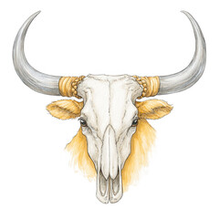 Fototapeta premium A watercolor illustration of a decorated bull skull faces forward in design.