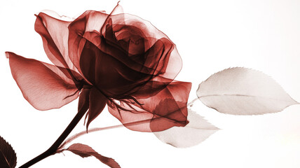 Xray transparent isolated Rose flower PNG. Floral bloom with leaf and stem. Vintage watercolor design for wedding cards, invitations. Spring or summer close-up photo. Elegant minimalist radiography
