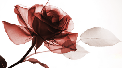 Xray transparent isolated Rose flower PNG. Floral bloom with leaf and stem. Vintage watercolor design for wedding cards, invitations. Spring or summer close-up photo. Elegant minimalist radiography