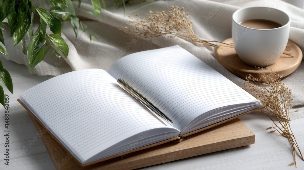 Poster A notebook is open to a blank page with a pen on the page
