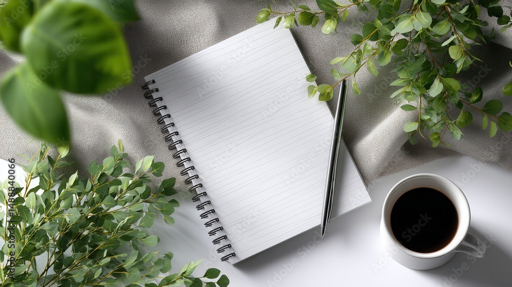 Aufkleber a notebook with a pen on it sits on a table next to a cup of coffee