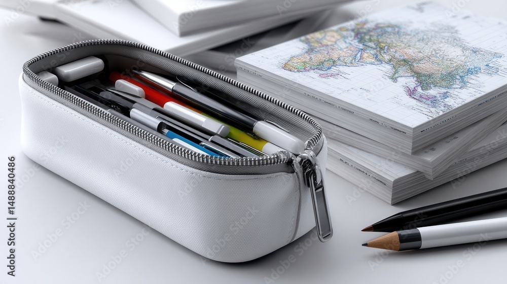 Aufkleber A white pencil case with a zipper is on a table with a stack of papers