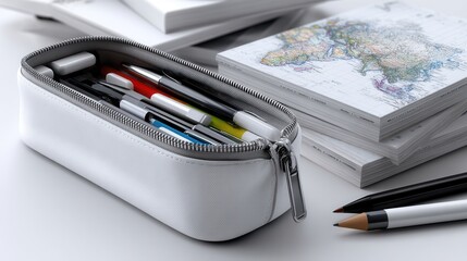 A white pencil case with a zipper is on a table with a stack of papers