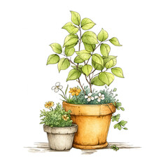 Fototapeta premium Watercolor painting of plants with yellow and white flowers in terracotta pot
