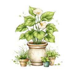 Fototapeta premium A potted calla lily plant with vibrant green leaves sits beautifully indoors