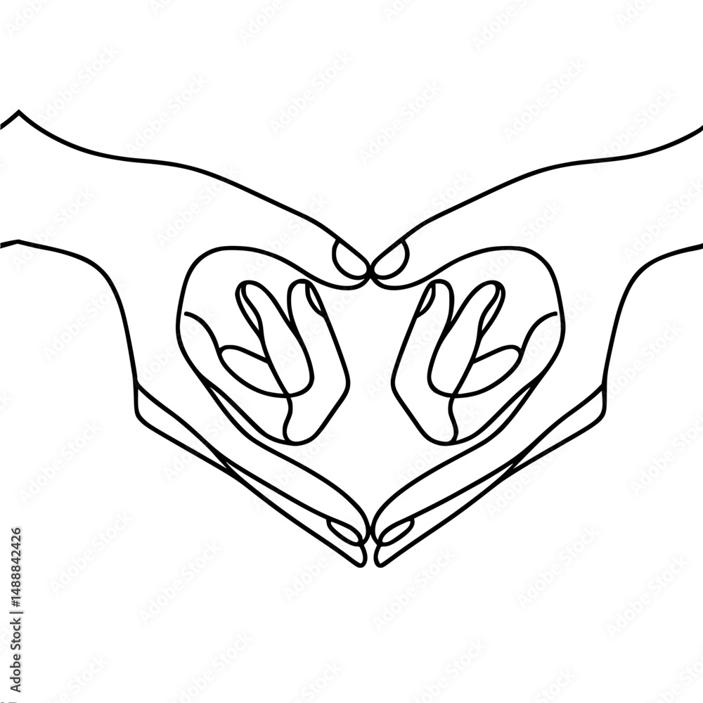 Poster two hands forming a heart shape in single line outline vector style