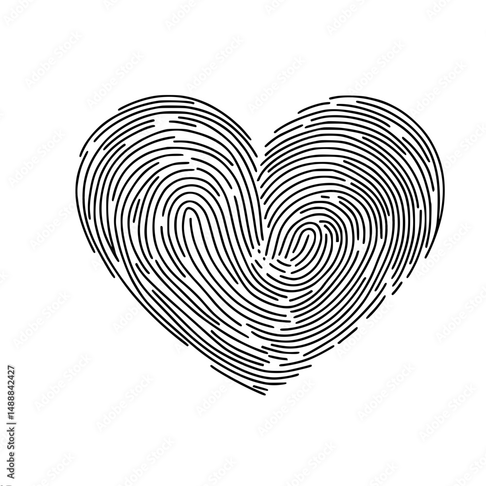 Poster heart shape created with fingerprint lines in a minimalist style, single line outline vector