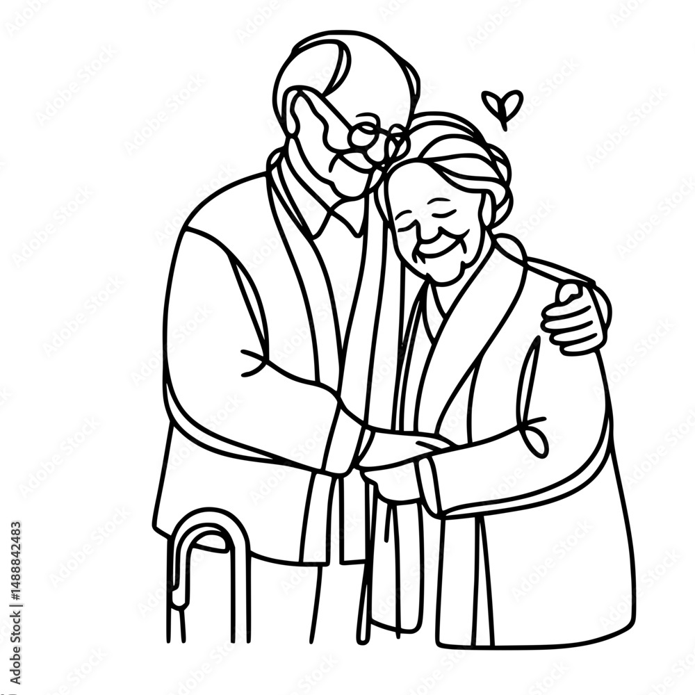 Poster elderly couple hugging and smiling in simple line outline vector style