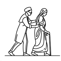 Man assisting elderly woman with a cane in a simple line art style  , single line outline vector  