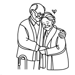 Fototapeta premium Elderly couple hugging and smiling in simple line outline vector style 