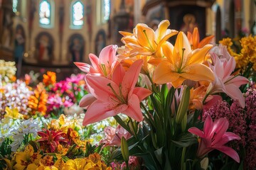 A vibrant display of Easter lilies and other spring flowers in a church setting