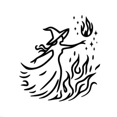 Witch casting fire magic in a mystical outline vector illustration  