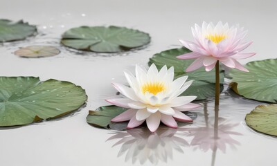 Pale pink and white water lilies, gentle brushstrokes, white background ,  nature art,  art