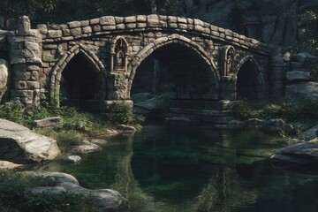Fototapeta premium Ancient stone bridge spanning a serene mountain stream.