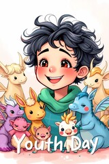 Youth day celebration: cartoon boy with cute fantasy creatures for kids design