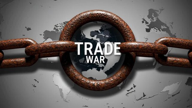 Rusted chains break amidst global map symbolizing escalating trade conflict and economic tension