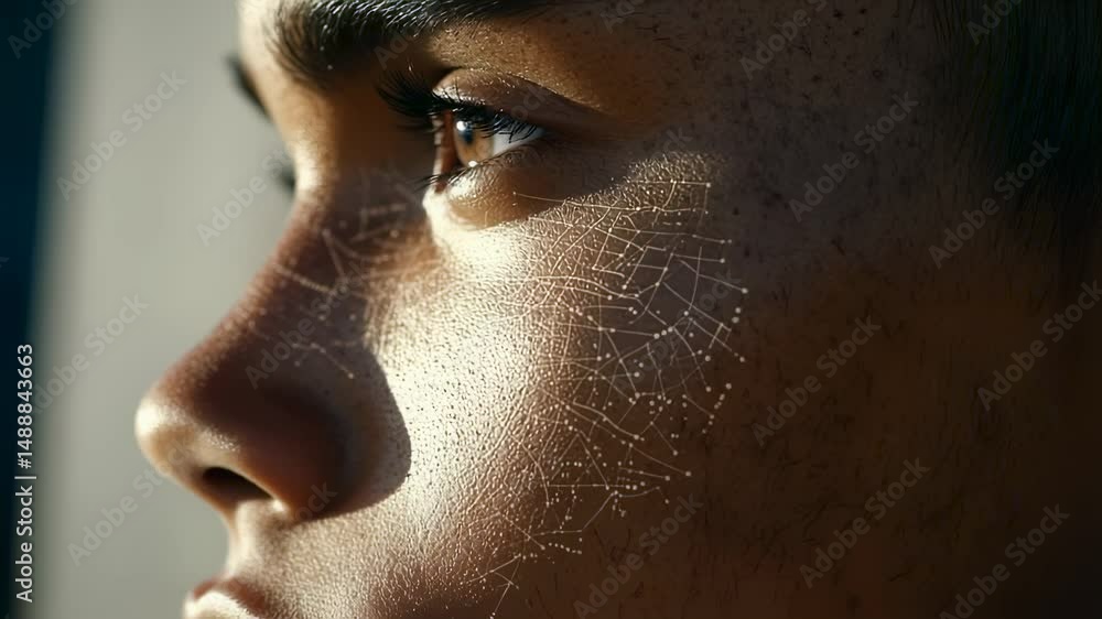 Poster close-up of a persons face with constellation-like patterns, illuminated by soft light, creating a f