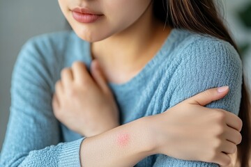 Close up of a woman with a rash on her arm wearing a blue sweater and crossing her arms over her chest