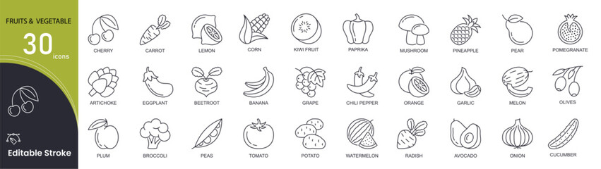 Fruit and vegetable concept simple line icons set. Pack outline pictograms of apple, cucumber, banana, carrot, tomato, potato, watermelon and other . Editable stroke . Outline icons