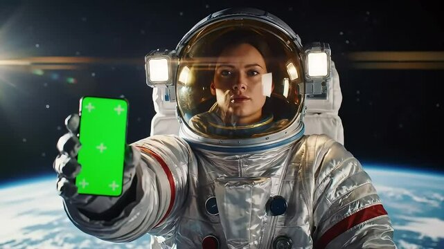 chroma key astronaut in spacewalk near earth, using mobile phone showing green screen to camera, captured with 2x anamorphic lens, futuristic outer space scene for video compositing and sci-fi project