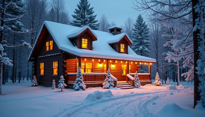 Rustic Snow-Covered Cabin in Serene Winter Forest Landscape