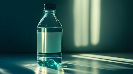 Minimalist water bottle presentation with light and shadow interplay backdrop