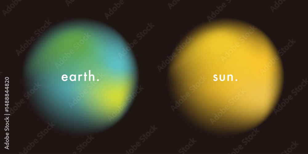 Poster a set of blurry planet earth and sun gradient shape. abstract blue and green color circle defocused 