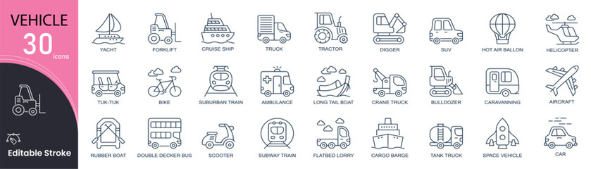 Vehicle related line icons set. Pack outline pictograms of truck, tram, car, cruise, ship, tractor, helicopter, aircraft, forklift and other. Editable stroke. Outline icons