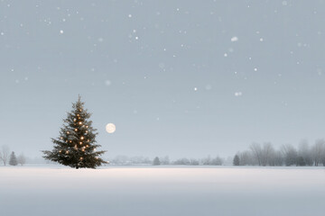 Fototapeta premium serene winter landscape featuring solitary christmas tree adorned with twinkling lights